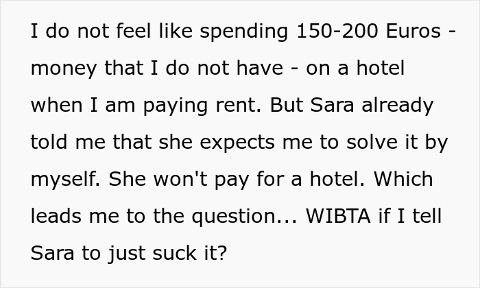Text excerpt from a person refusing to pay for a hotel while helping a roommate lie to her conservative family.
