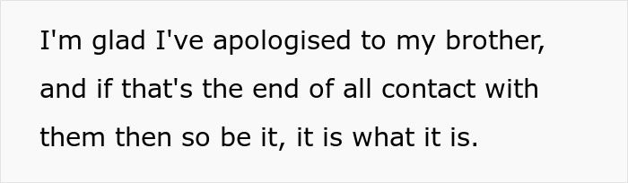 Text on a white background reads a man expressing relief after apologizing to his brother amid family forgiveness and tense reactions.