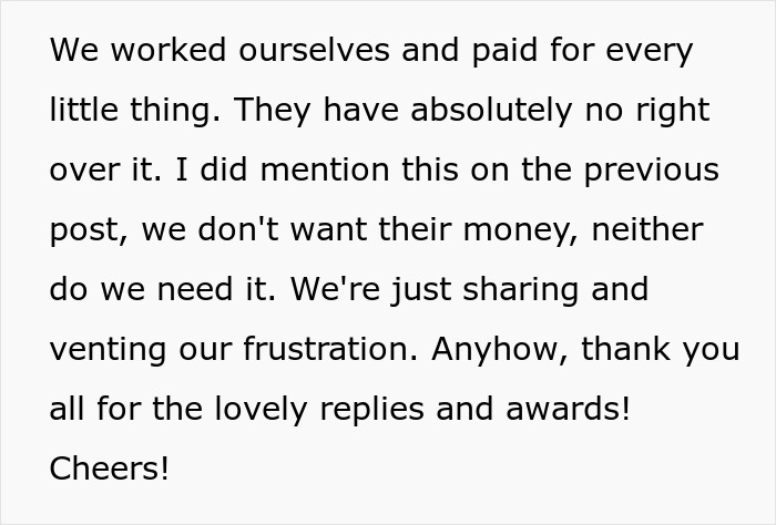 Text post expressing frustration about man's parents trying to guilt-trip couple and threaten disinheritance over having kids.