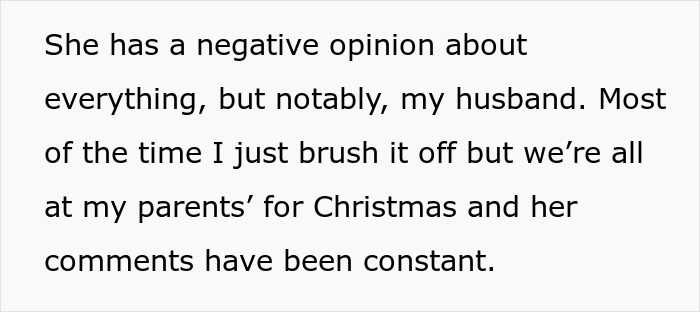 Text on a white background discussing a negative opinion about a husband and constant critical comments during a family Christmas gathering.