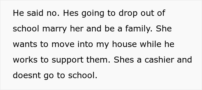 Text describing a son&rsquo;s decision to drop out of school, marry his girlfriend, and their living situation with support from work.