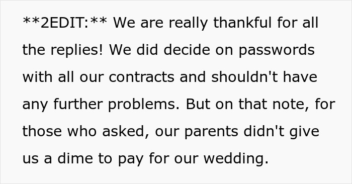 Text excerpt showing a discussion about man&rsquo;s parents trying to guilt-trip couple into having kids and threatening disinheritance.