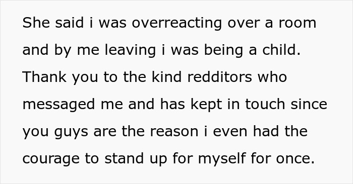 Text message expressing gratitude to redditors for support in standing up for oneself amid family conflict.