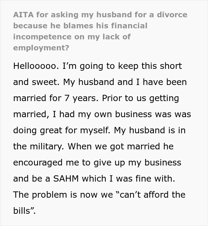 Text excerpt discussing a husband blaming SAHM wife for financial problems and suggesting she get a job.