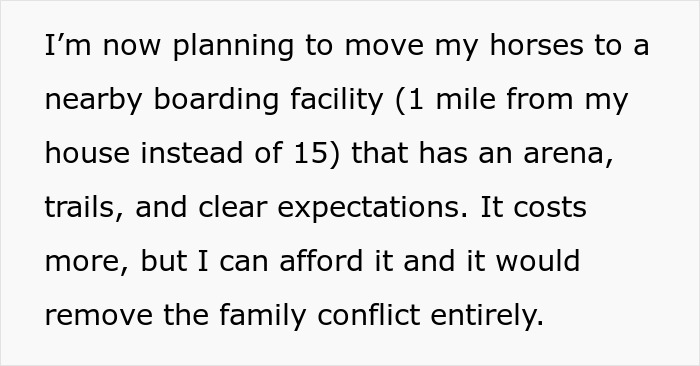 Text excerpt about planning to move horses to a nearby boarding facility to avoid family conflict involving labor and money. Text excerpt about planning to move horses to a nearby boarding facility to avoid family conflict involving labor and money.