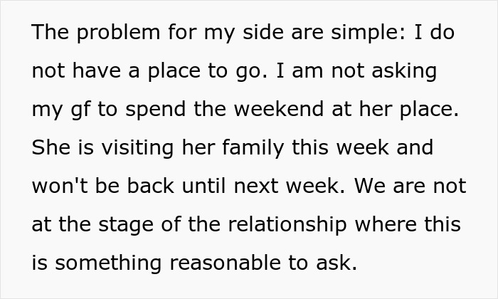 Text describing a guy refusing to pay for a hotel to help his roommate lie to her conservative family about her whereabouts.