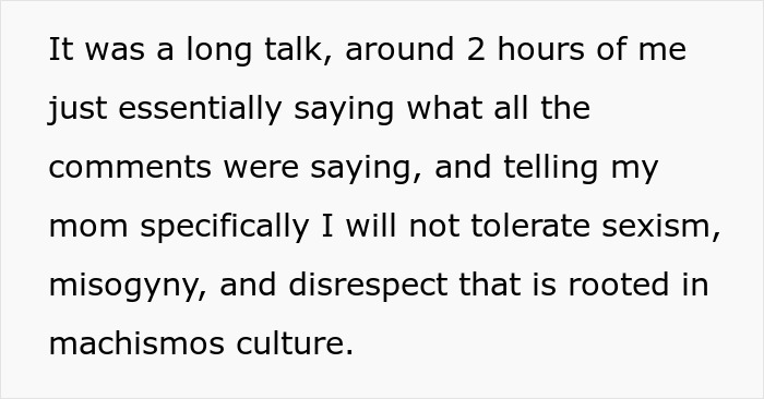 Text excerpt discussing refusal to tolerate sexism, misogyny, and disrespect rooted in machismos culture during a long talk.