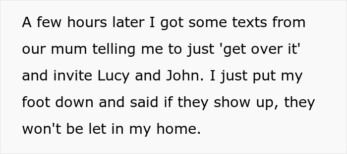 Text message excerpt about family conflict involving a guy fearing to tell wife and blaming sister after eating leftovers.