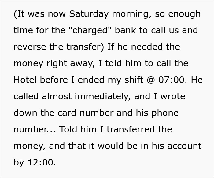 Text excerpt from a hotel receptionist explaining a suspected scam and the $2k laundering attempt details.