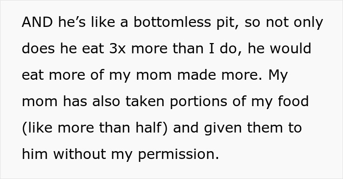 Text describing mom, boyfriend, and food drama about eating habits and sharing portions without permission.