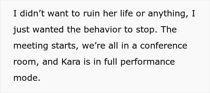 Text excerpt from a story about office Karen belittling a coworker by forgetting her name in a conference room.