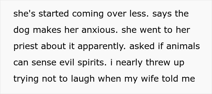 Text excerpt from a story where MIL visits a priest after her son-in-law's revenge on her works hilariously well.