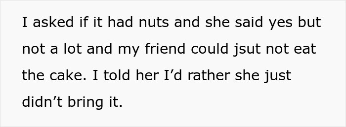 Text conversation discussing guest ignoring food allergy restrictions by bringing cake with nuts to a party.