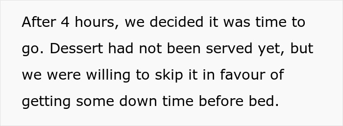 Text on a white background reading a couple held hostage at dinner after 4 hours without dessert, fearing food damage to car.