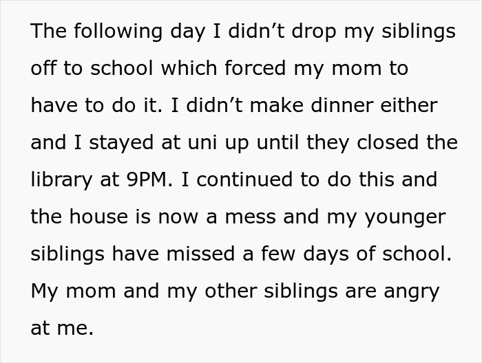 Text discussing a 20-year-old burned out managing chores with school, feeling overwhelmed and family frustration.