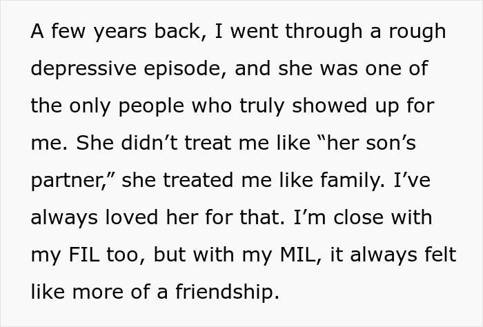 Text excerpt about man feeling torn between his husband and mother-in-law, describing close, family-like relationship with mother-in-law.