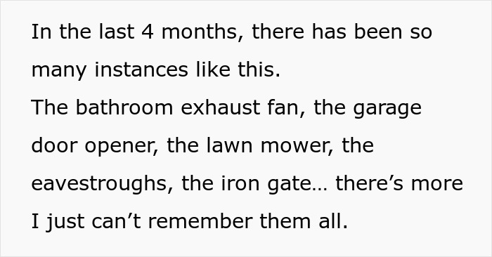 Text excerpt describing repeated instances of fixing household items like fans, garage doors, and lawn mowers over four months.
