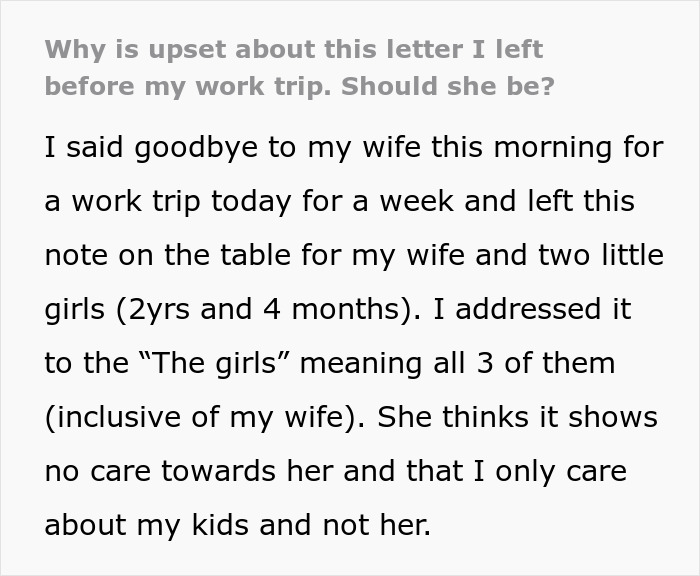 Husband's note to wife before trip divides internet over caring for wife versus kids issue.
