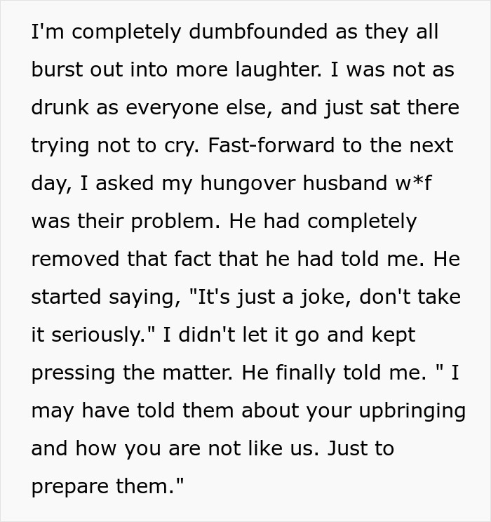 Text excerpt showing a woman confronting her husband about his family's snobbish behavior and lies.