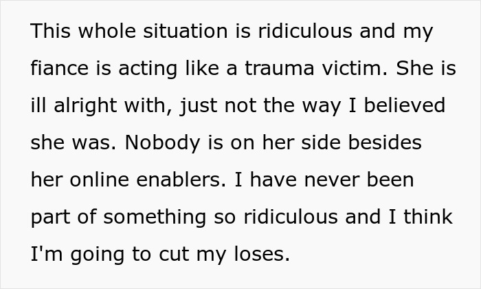 Text excerpt showing a fianc&eacute;e acting like a trauma victim amid obsession and stalking issues affecting relationships.