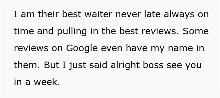 Text about a waiter with best reviews who gets suspended by his boss to teach him a lesson in a restaurant setting.