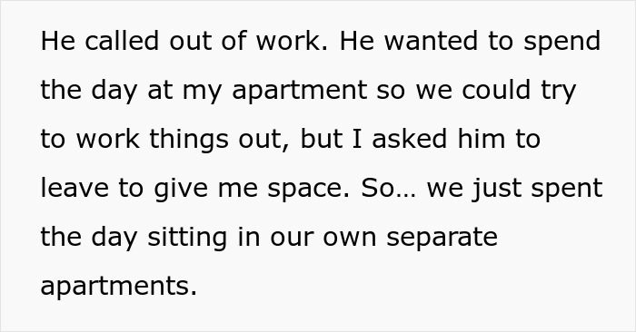 Text excerpt about a man trying to work things out with his pregnant ex while sitting in separate apartments.