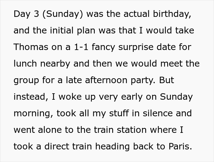 Text excerpt describing a birthday plan changed as the guy leaves alone, reflecting on bullying and a breakup.