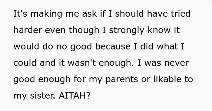 Text discussing feelings of not being good enough for parents or sister, relating to golden child and family dynamics conflict.