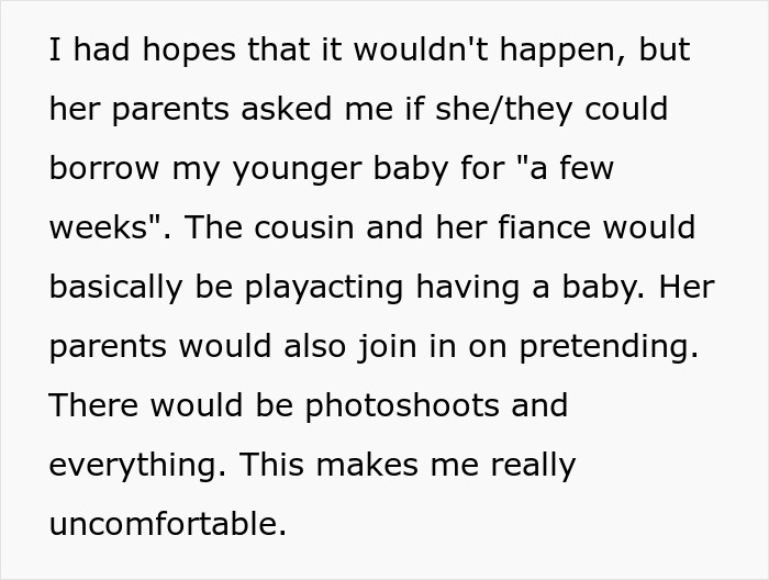 Text about cousin with cancer wanting to borrow baby to experience motherhood, causing discomfort and involving photoshoots.