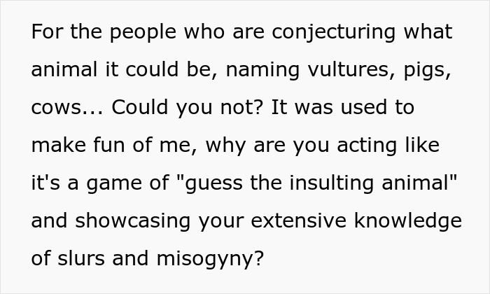 Screenshot of text condemning mocking animal insults and slurs, referencing a racist gift incident and humiliation