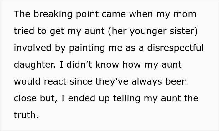 Text showing a personal story about burnout and family conflict after being called useless by mom.