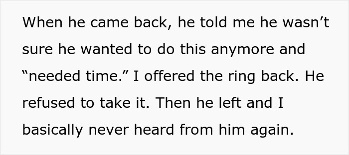 Screenshot of text describing how a man breaks off engagement; she offers the ring back and he never returns.