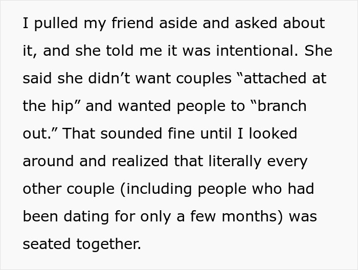 Text excerpt describing a birthday host deciding bestie&rsquo;s boyfriend doesn&rsquo;t fit the party vibe, causing seating drama.