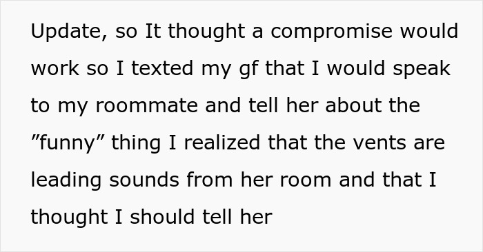 Text conversation showing a guy planning to tell his roommate about hearing sounds from her room without embarrassing her.