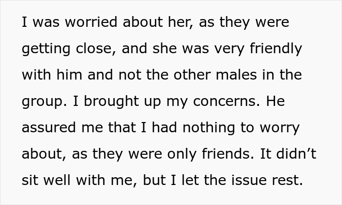 Text excerpt describing concerns about a lying boyfriend who went on a trip with a female friend, causing mistrust.