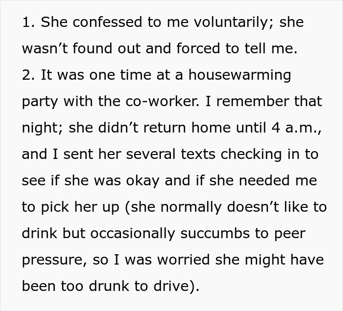 Text excerpt explaining a man recalling his wife&rsquo;s cheating incident during a housewarming party late at night.