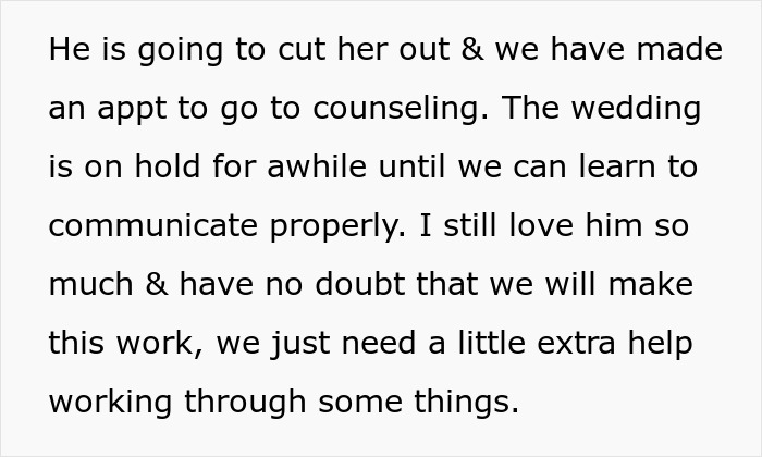 Text message about postponing wedding to work through issues, mentioning fiancée’s tattoo designed by her ex and jealousy. Text message about postponing wedding to work through issues, mentioning fiancée’s tattoo designed by her ex and jealousy.