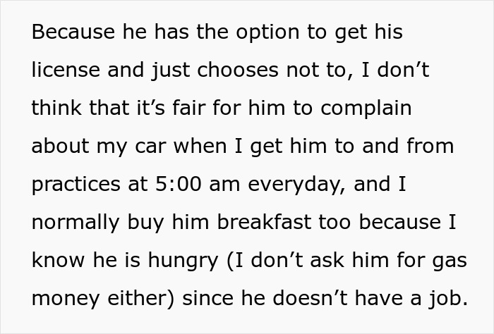 Text from a sister explaining why she refuses to drive her ungrateful brother who trashed her girly car but won&rsquo;t get his own license.