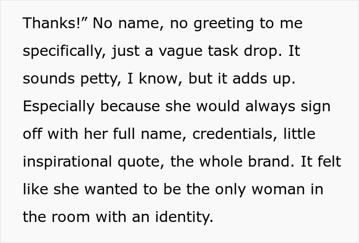 Text excerpt showing office conflict where one coworker belittles another by forgetting her name, causing public humiliation.