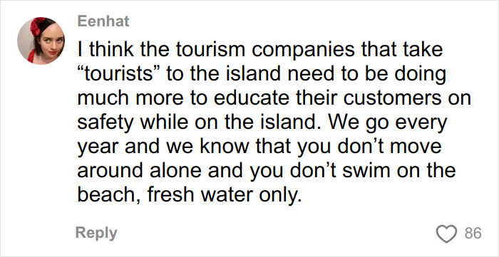 Commenter Eenhat discussing the need for tourism companies to educate visitors on safety and beach swimming rules.