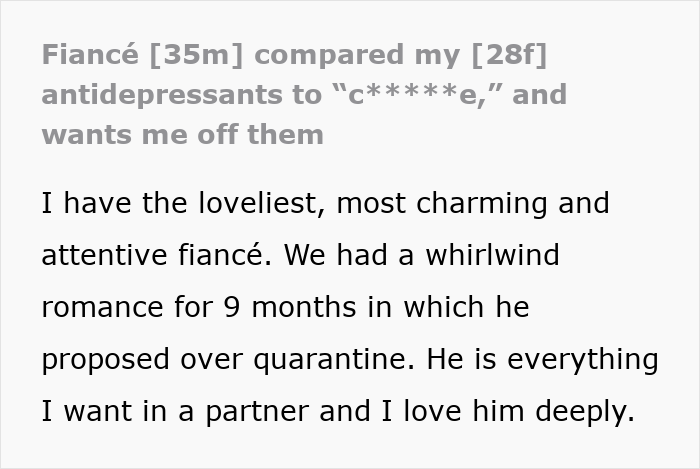 Fiancée regains confidence with medicine after hitting rock bottom, while partner demands she stop taking them. Fiancée regains confidence with medicine after hitting rock bottom, while partner demands she stop taking them.