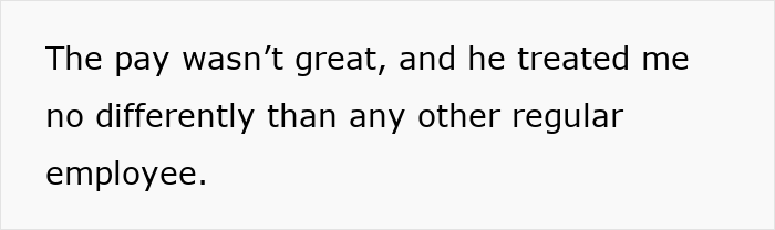 Text on a plain background reading the quote about low pay and being treated like a regular employee, reflecting struggle and survival at 55.
