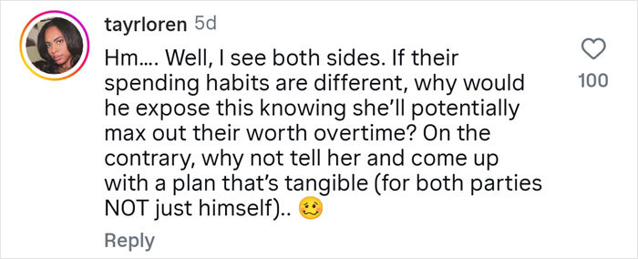 Screenshot of a social media comment discussing financial transparency and net worth in a marriage, highlighting a financial expert&rsquo;s advice.