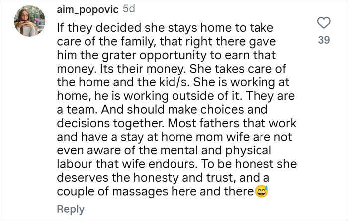 Comment discussing family roles, honesty, and trust related to a guy hiding real net worth from wife and financial realities.