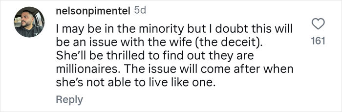 Comment discussing a guy hiding his real net worth from his wife and the financial consequences revealed by an expert.