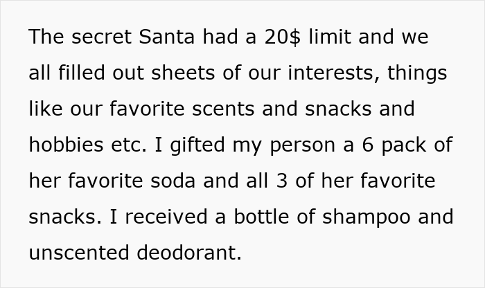 Text on a white background describing a daycare worker&rsquo;s secret Santa gift exchange and misunderstandings about a passive-aggressive gift.