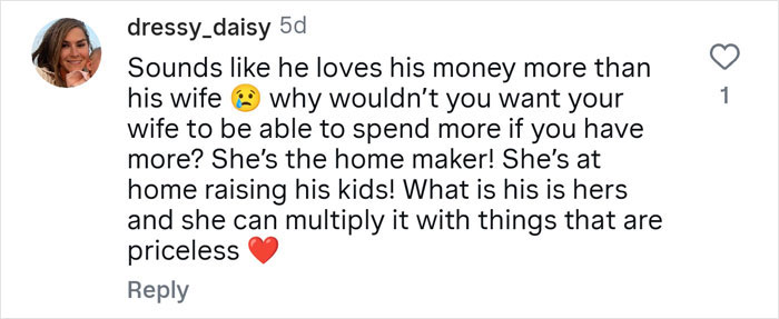 Screenshot of a social media comment discussing a guy hiding his real net worth from his wife and the financial impact involved.
