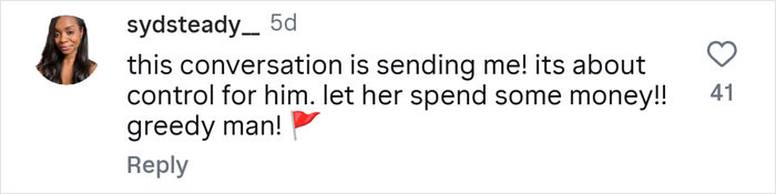 Comment from sydsteady about control and spending money, reflecting reaction to guy hiding real net worth from wife scenario.