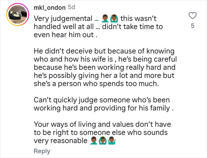 Screenshot of a social media comment discussing a guy hiding his real net worth and financial struggles with his wife.