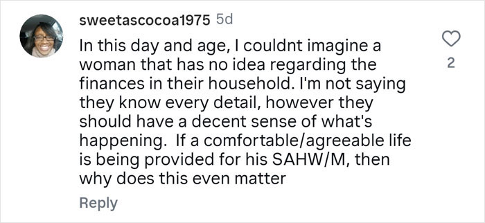 Commenter sharing opinion on finances and household awareness, relating to guy hiding real net worth from wife.